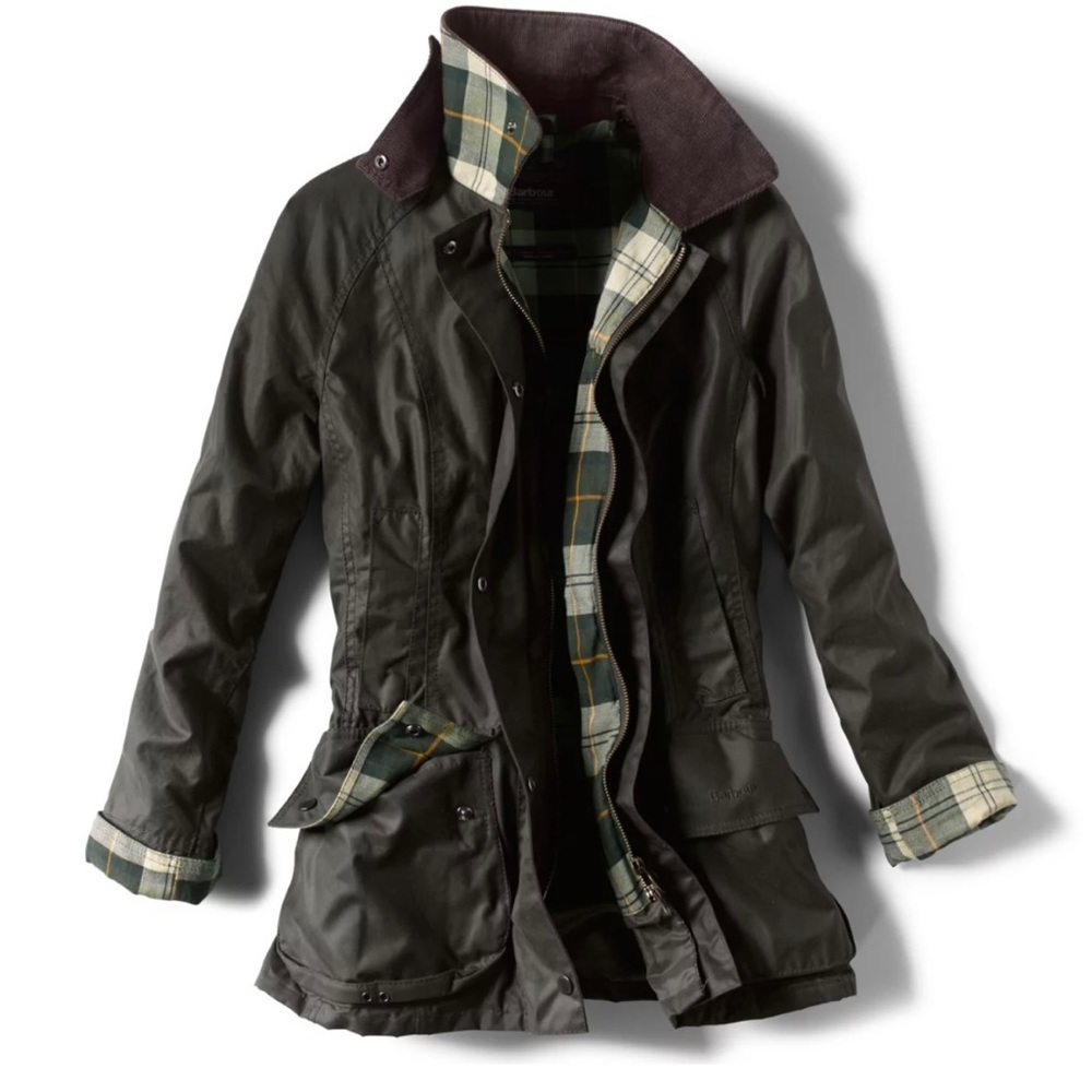 Barbour Waxed Cotton Beadnell Jacket, Sage, Size 8 with hood. Like New condition